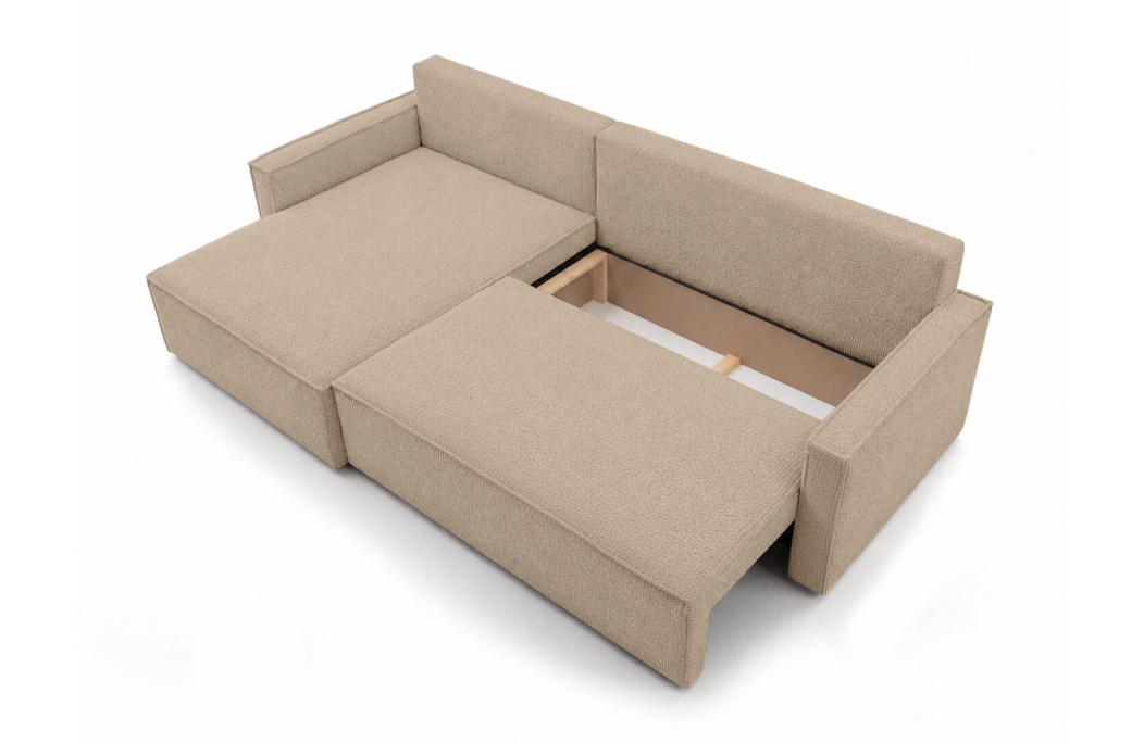 Canapé d'angle max réversible FARAH convertible 5 places avec coffre en tissu bouclette généreuse