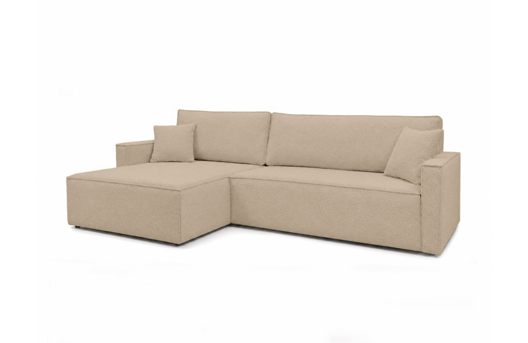 Canapé d'angle max réversible FARAH convertible 5 places avec coffre en tissu bouclette généreuse