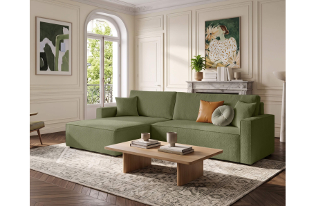 Canapé d’angle max convertible FARAH réversible 5 places avec coffre en tissu bouclette texturé