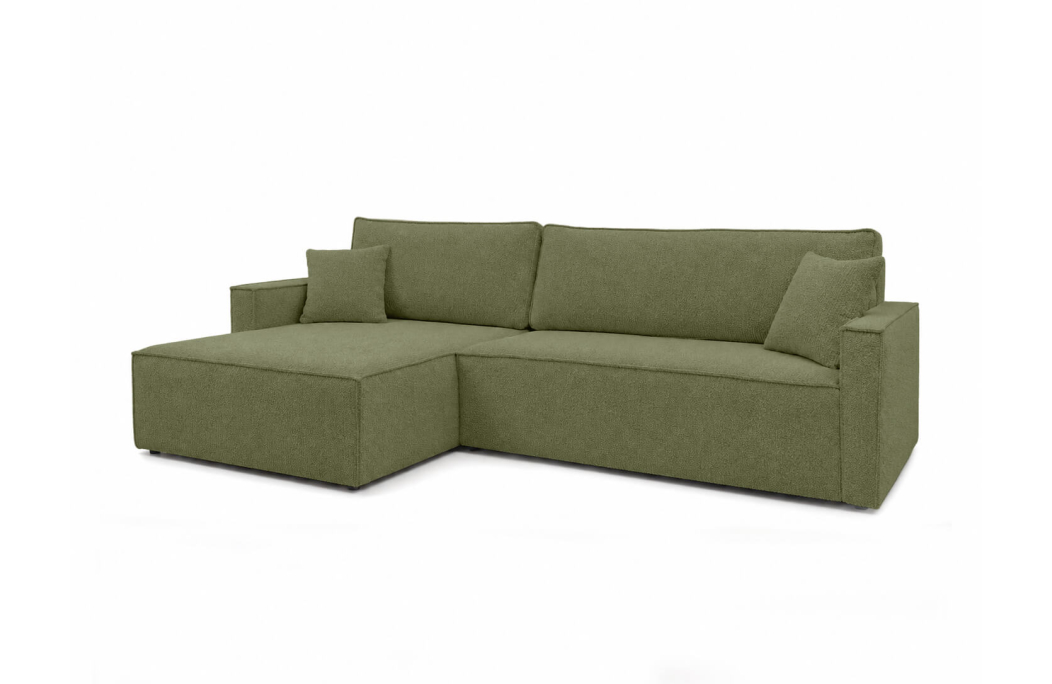Canapé d’angle max convertible FARAH réversible 5 places avec coffre en tissu bouclette texturé
