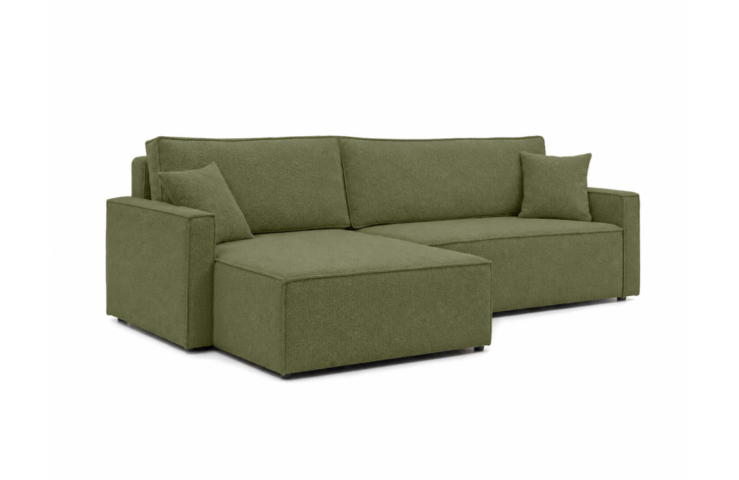 Canapé d’angle max convertible FARAH réversible 5 places avec coffre en tissu bouclette texturé
