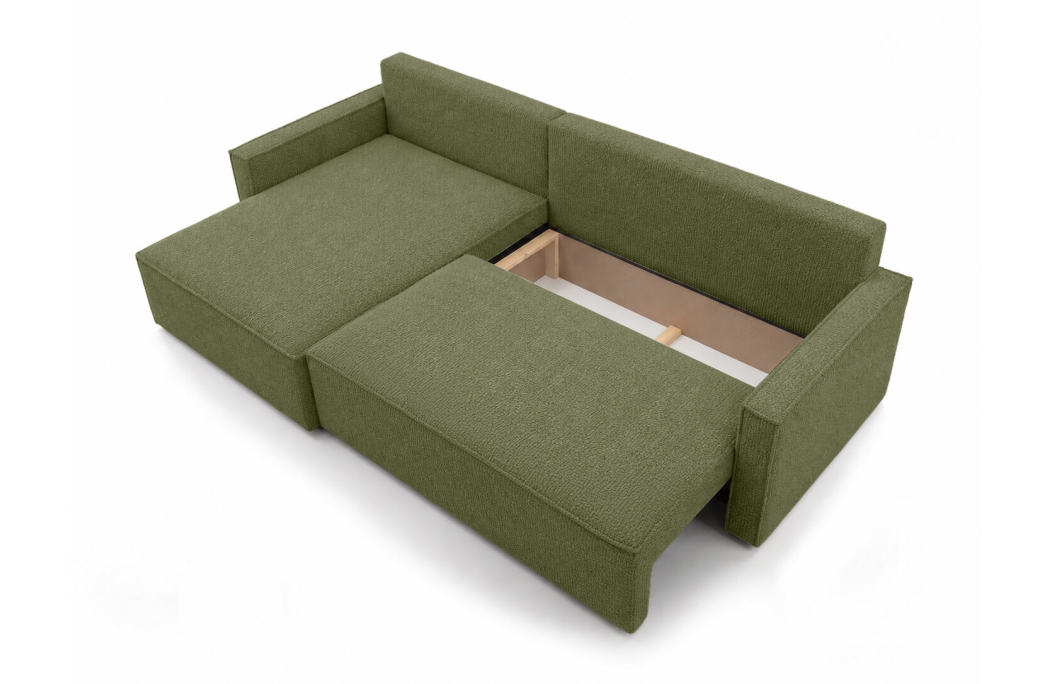 Canapé d’angle max convertible FARAH réversible 5 places avec coffre en tissu bouclette texturé