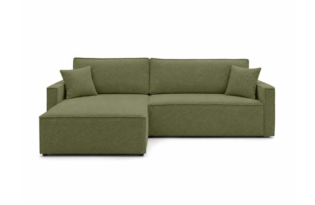 Canapé d’angle max convertible FARAH réversible 5 places avec coffre en tissu bouclette texturé
