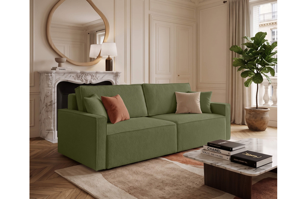 Canapé droit 3 places FARAH convertible avec coffre en tissu bouclette texturé