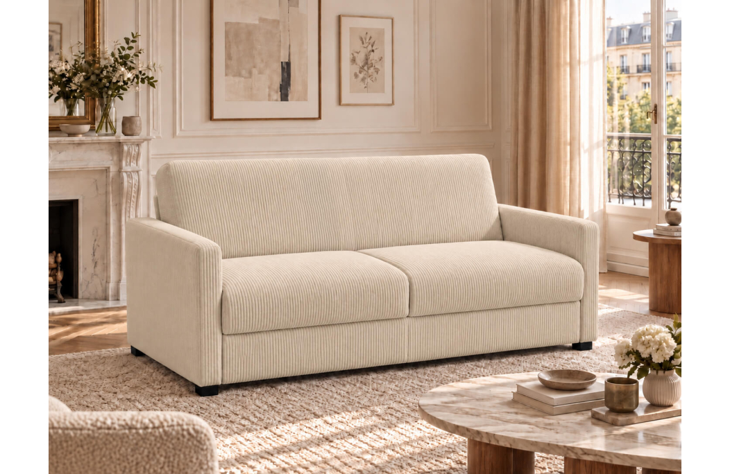 Canapé droit AGATHE CONFORT convertible 3 places couchage express en velours côtelé