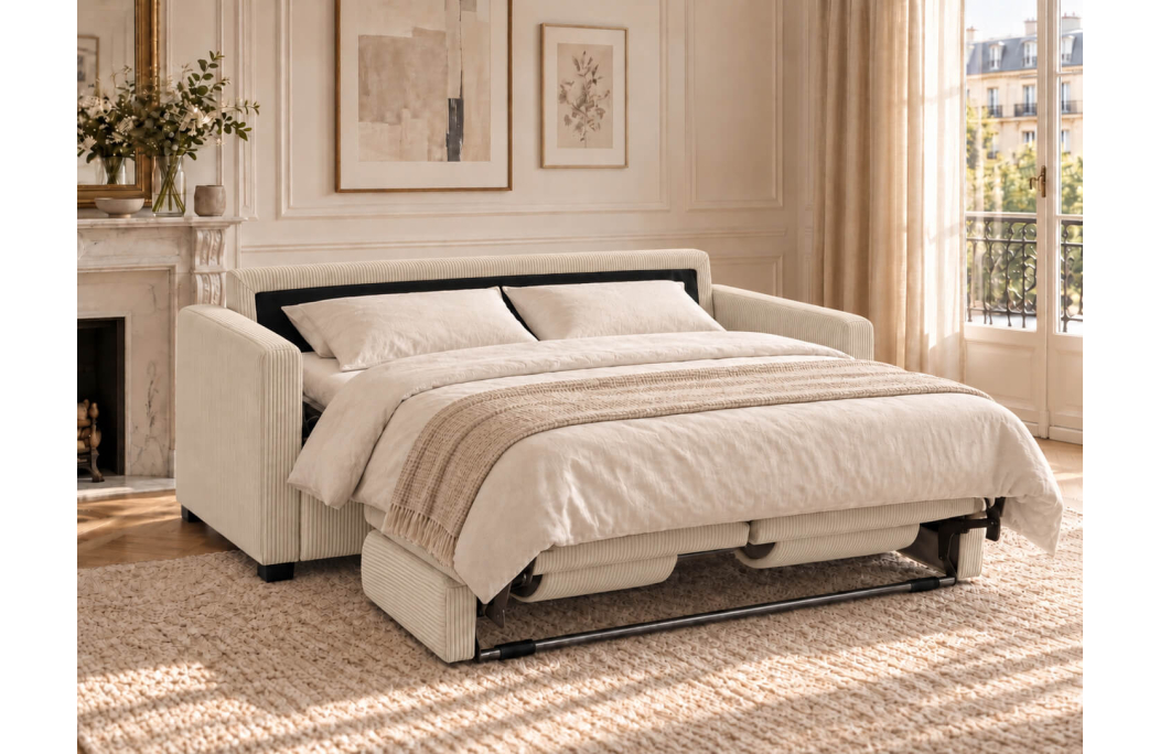 Canapé droit AGATHE CONFORT convertible 3 places couchage express en velours côtelé