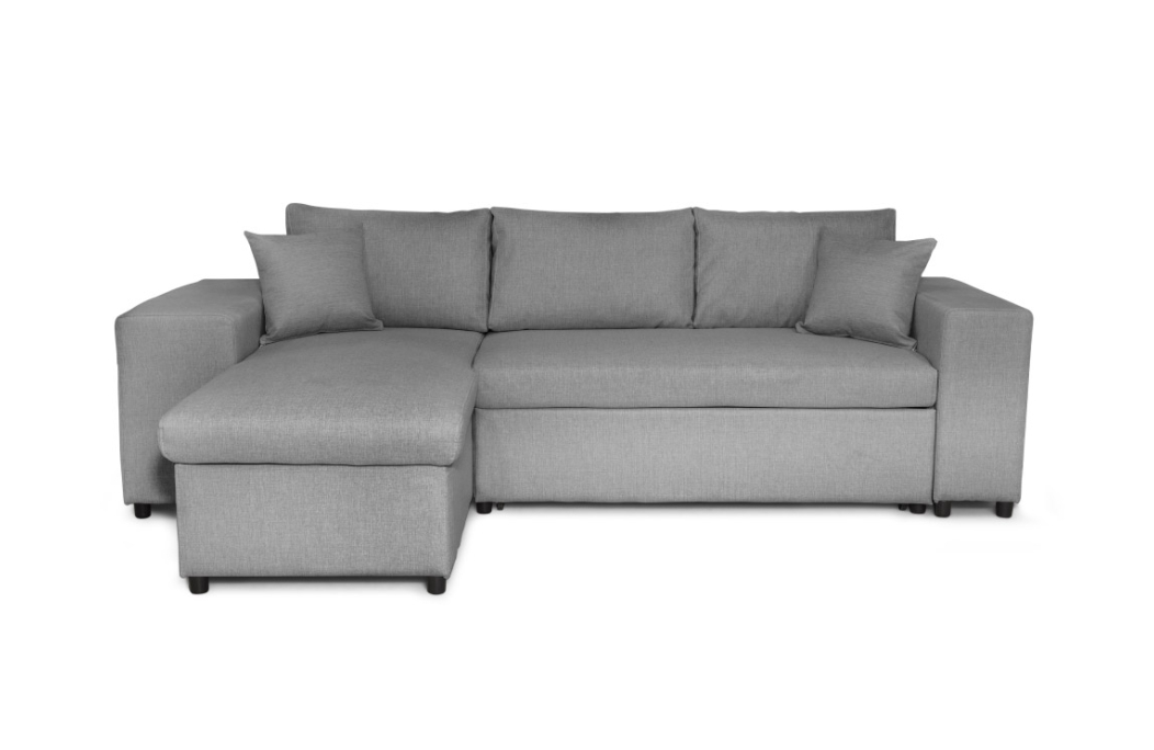 Canapé d'angle MADY convertible avec coffre, accoudoir étagère et poufs en tissu