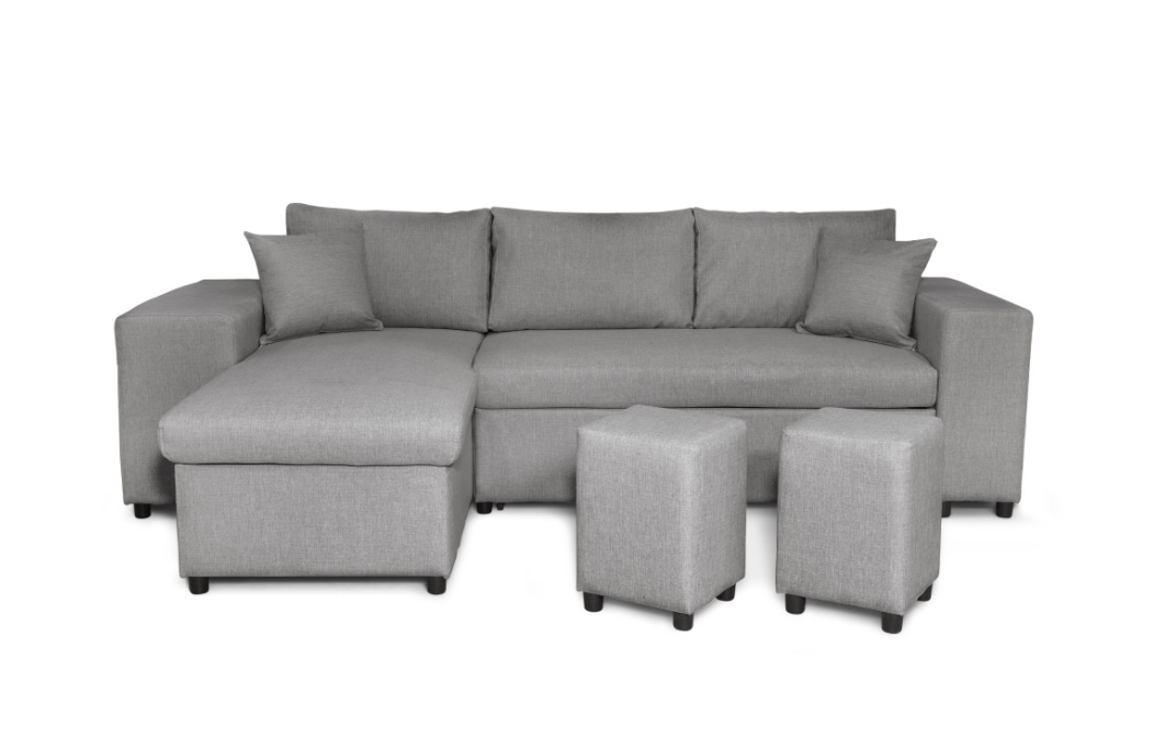 Canapé d'angle MADY convertible avec coffre, accoudoir étagère et poufs en tissu