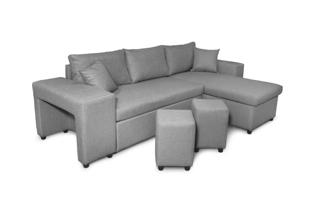 Canapé d'angle MADY convertible avec coffre, accoudoir étagère et poufs en tissu