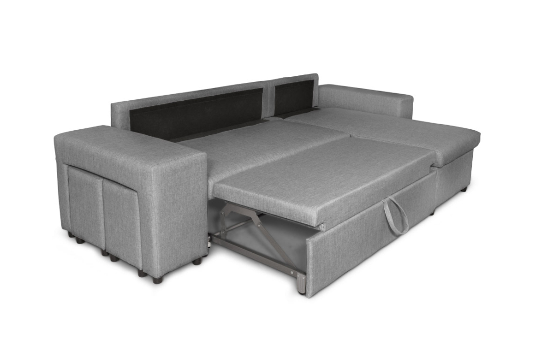Canapé d'angle MADY convertible avec coffre, accoudoir étagère et poufs en tissu