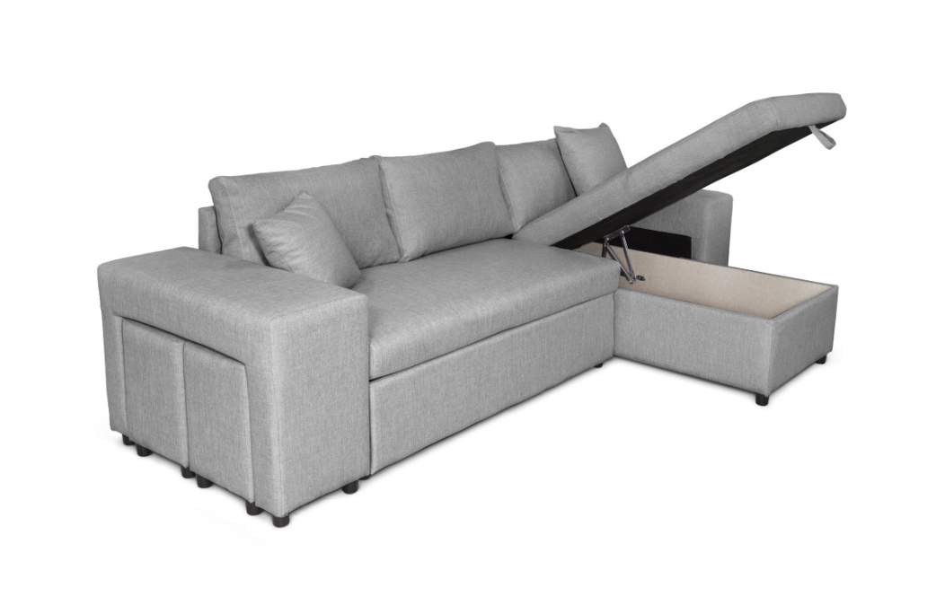 Canapé d'angle MADY convertible avec coffre, accoudoir étagère et poufs en tissu