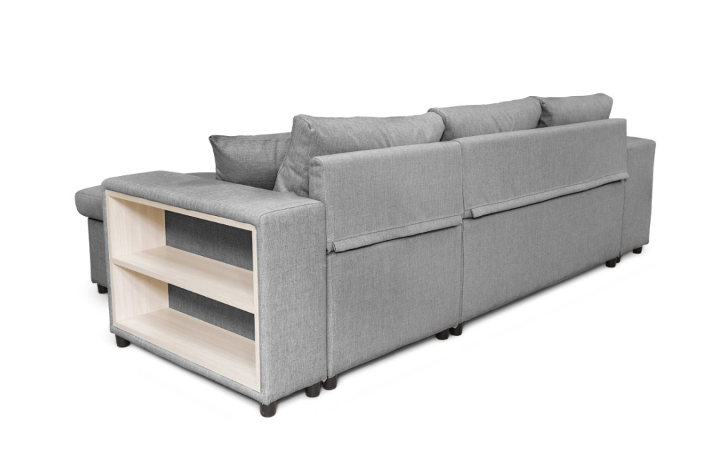 Canapé d'angle MADY convertible avec coffre, accoudoir étagère et poufs en tissu