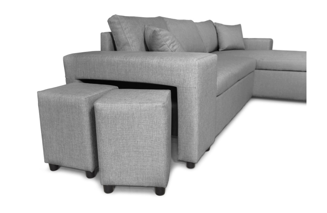 Canapé d'angle MADY convertible avec coffre, accoudoir étagère et poufs en tissu