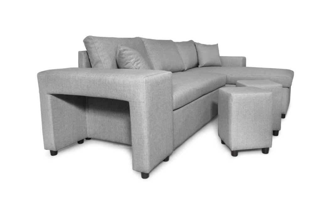 Canapé d'angle MADY convertible avec coffre, accoudoir étagère et poufs en tissu