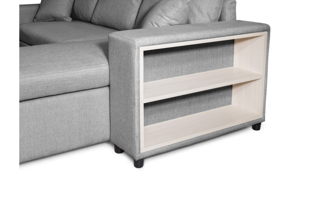Canapé d'angle MADY convertible avec coffre, accoudoir étagère et poufs en tissu