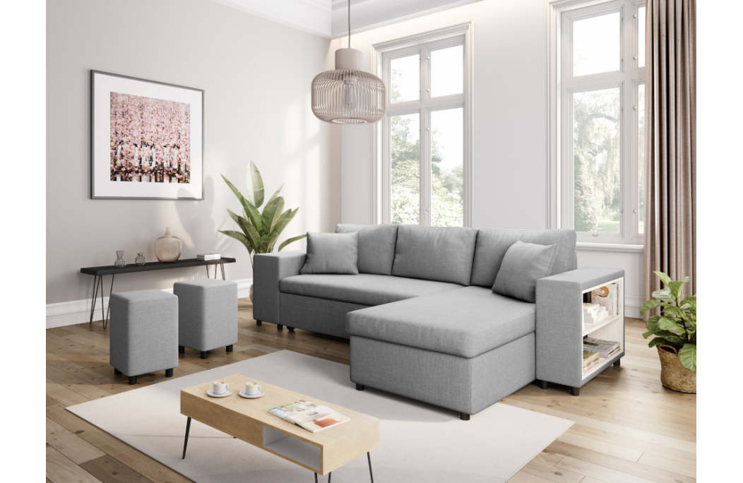 Canapé d'angle MADY convertible avec coffre, accoudoir étagère et poufs en tissu