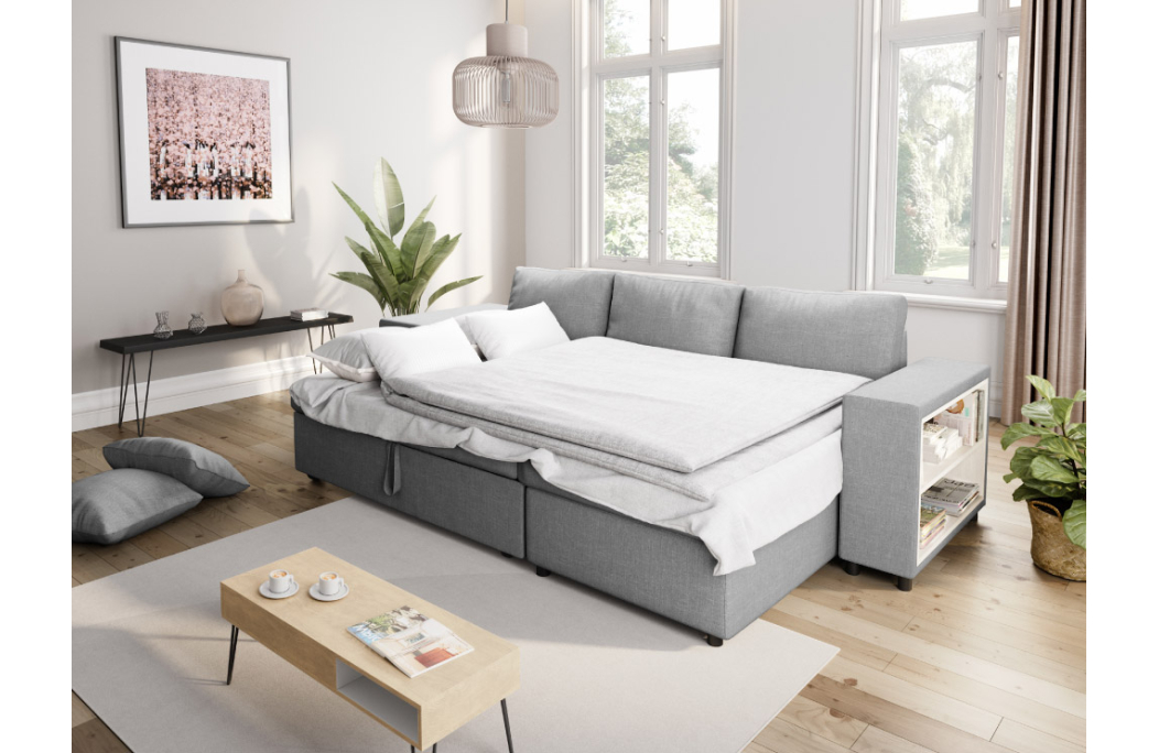 Canapé d'angle MADY convertible avec coffre, accoudoir étagère et poufs en tissu