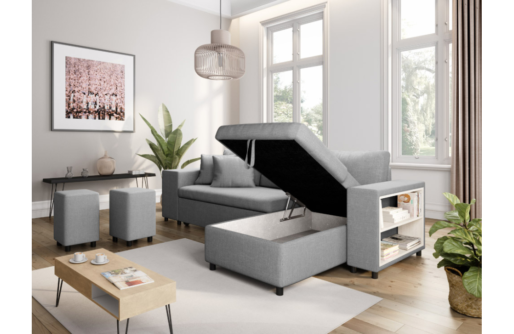 Canapé d'angle MADY convertible avec coffre, accoudoir étagère et poufs en tissu
