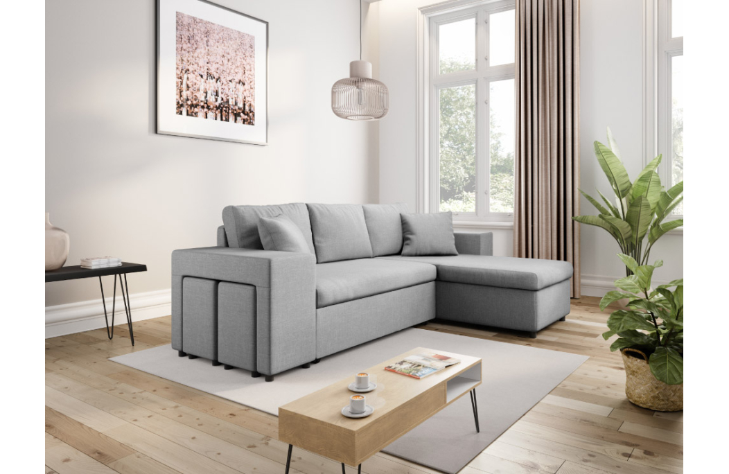 Canapé d'angle MADY convertible avec coffre, accoudoir étagère et poufs en tissu