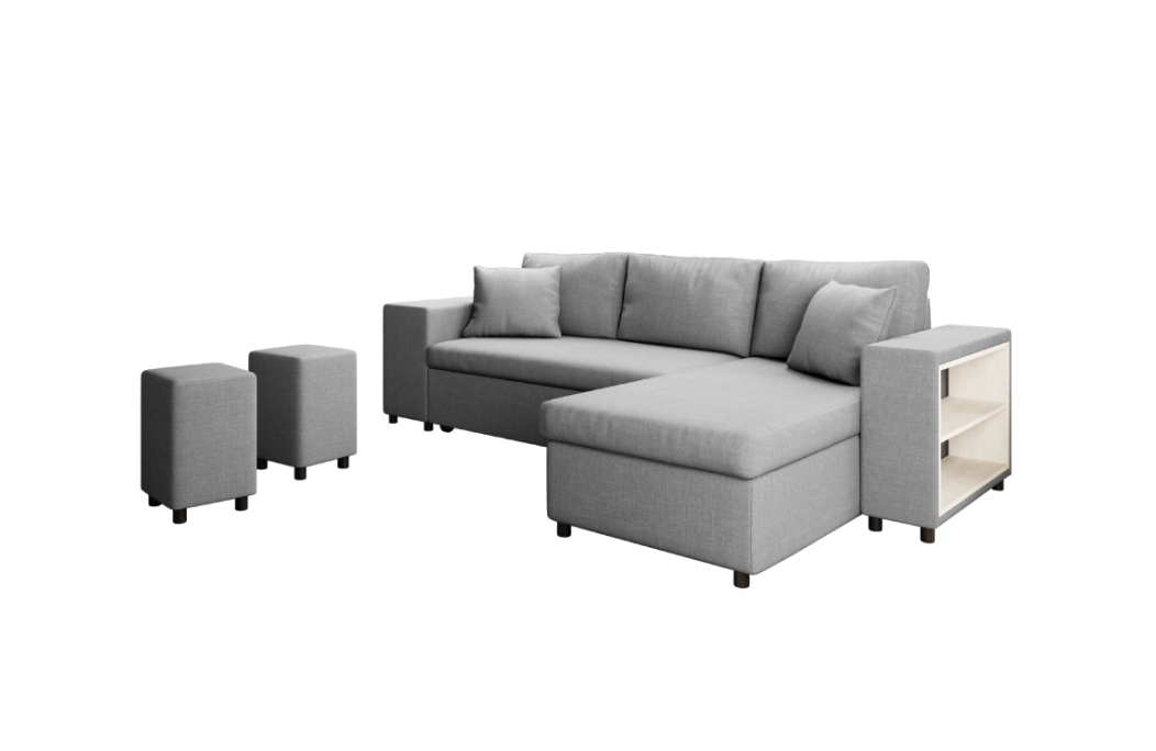 Canapé d'angle MADY convertible avec coffre, accoudoir étagère et poufs en tissu